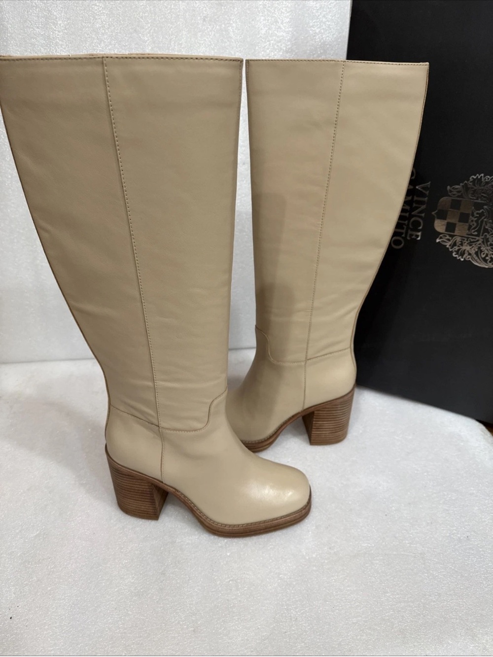 Vince Camuto Cream/Buff Leather Knee-High Block Heel Boots GIBI new - Picture 7 of 7